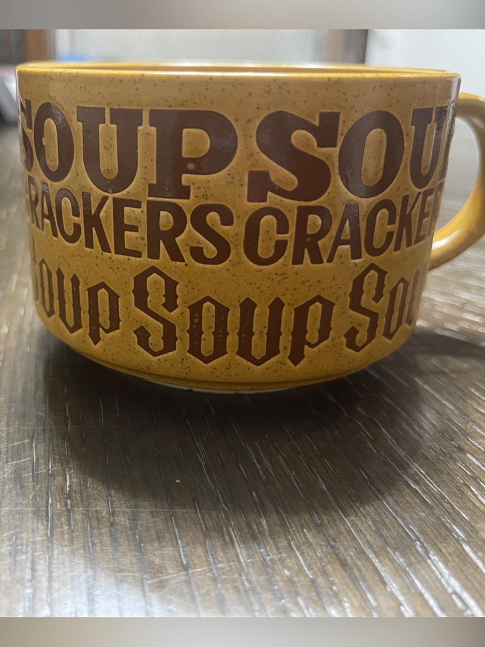 Yellow Stoneware Soup & Crackers Mug with Brown Lettering